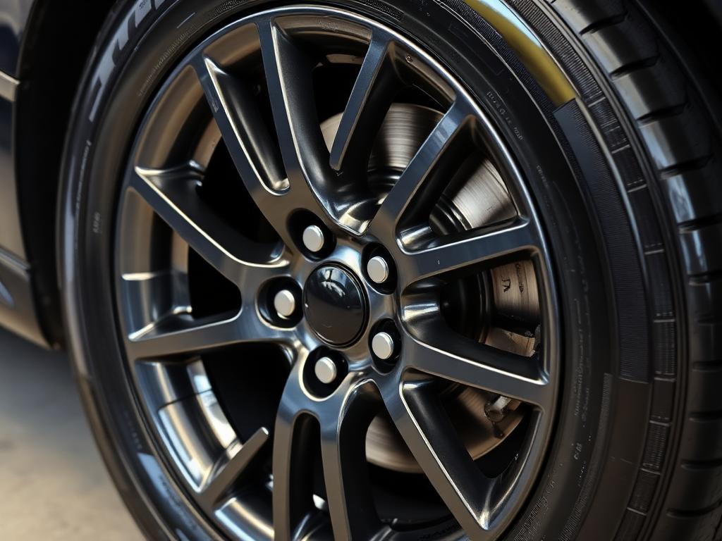 Clean glossy alloy wheel with tire shine after detailing